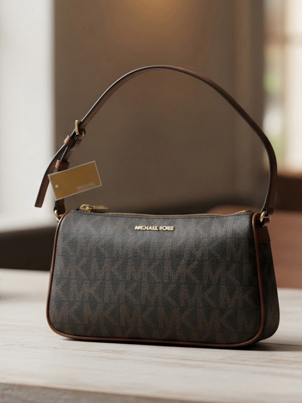 Michael Kors Brown and Dark Brown MK Monogram Shoulder Bag with Gold Hardware